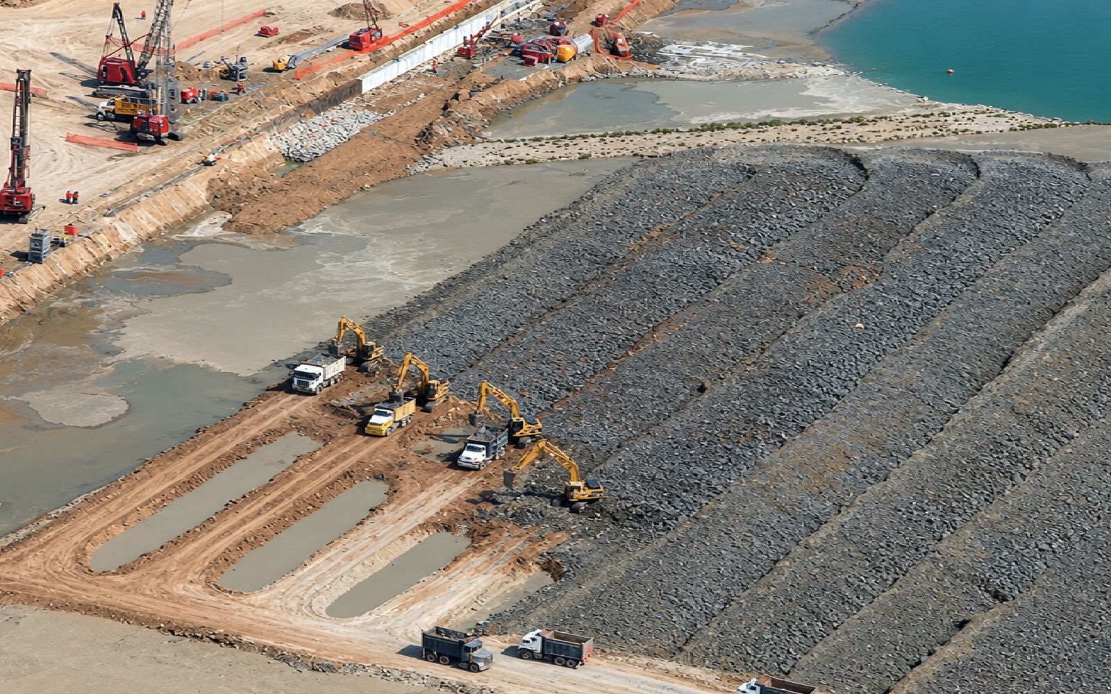 Excavadoras y camiones trabajando en ampliación de playa
